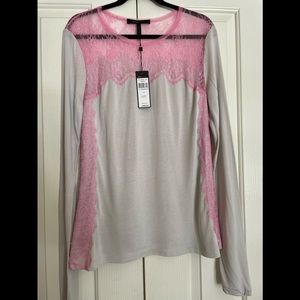 ❤️ 1 Hour Sale ❤️ BCBG MAXAZRIA Pink Lace & Grey Cotton Long sleeve Tee (L)